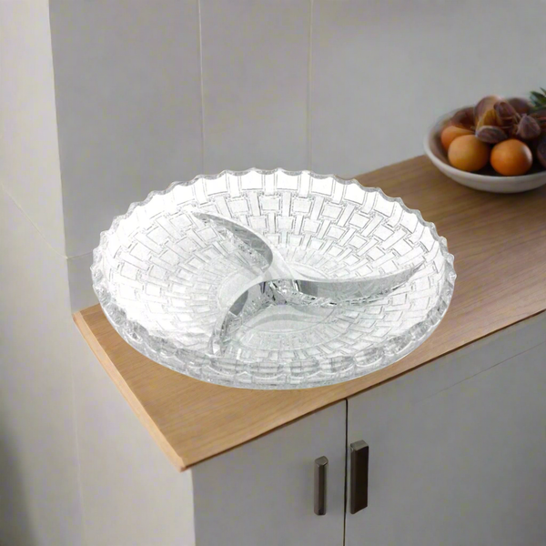 Luxury Glass Dry Fruit Plate – 3 Partition Crystal-Design Serving Tray